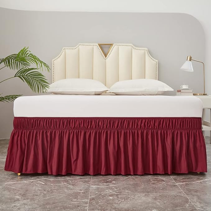 MEILA Wrap Around Bed Skirt Three Fabric Sides Elastic Dust Ruffled 18 Inch Tailored Drop,Easy to Install Fade Resistant-Burgundy, Queen/King