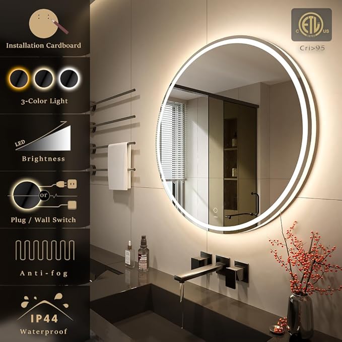KWW 40 Inch Large Modern LED Round Bathroom Vanity Mirror, Color Temperature Adjustable, Anti-Fog Dimmable Lights, Easy to Install, Wall Mounted Makeup Mirror with Smart Touch Button