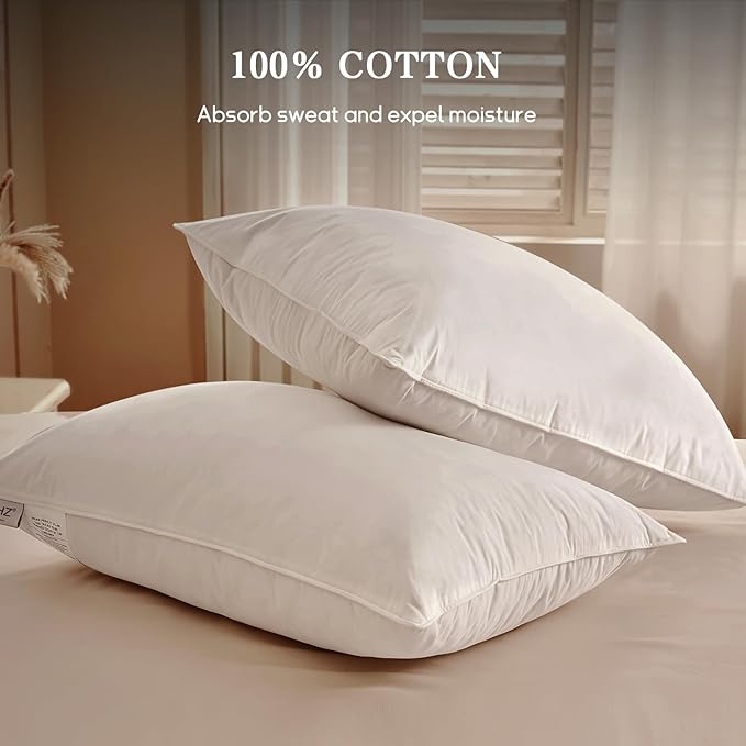 BHZ Goose Down Feather Pillow Queen Size Set of 4, Luxury Hotel Alternative Collection Bed Pillow for Sleeping Firm Soft Support for Side & Back Sleepers, White, 20x28 Inch