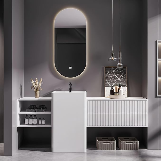 60Inch Freestanding Sink Bathroom Vanity, Wall-Mount Bathroom Cabinet with Open Storage and Striped Drawers, Solid Wood Bathroom Vanity with Smart Defog Mirror and Spacious Rock Plate Countertop
