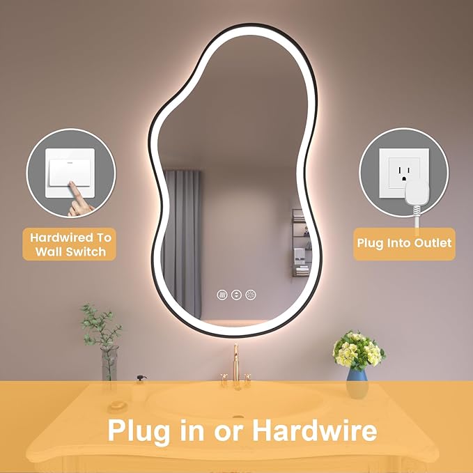 WTTY LED Irregular Bathroom Mirror 24x36 Inch with Front & Back Lights - Asymmetrical Design, Anti-Fog, Dimmable 3 Color Temperatures, Shatterproof Glass, Horizontal or Vertical Mount (Black Frame)