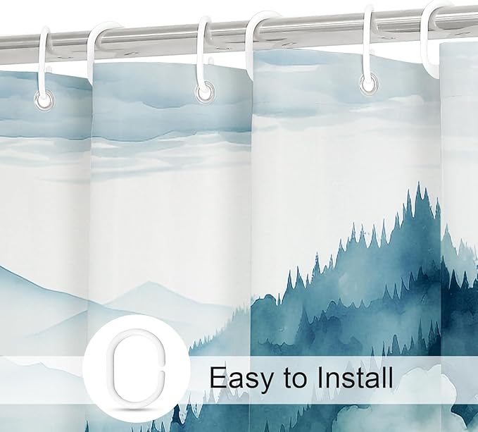 Peacock Blue Small Stall Misty Pine Forest Shower Curtain 36 x 72, Mountain Foggy Woodland Scenery Tree Narrow Half Size Shower Curtains for Bathroom, Abstract Waterproof Nature-Themed Decor
