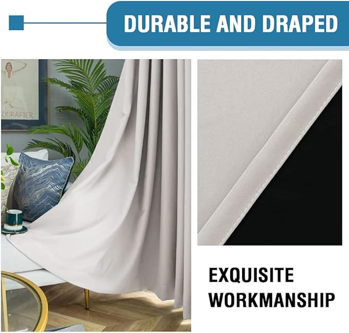 H.VERSAILTEX 100% Blackout Curtains for Bedroom Thermal Insulated Blackout Curtains 96 Inches Long Rod Pocket/Clip Rings Curtains for Living Room with Black Liner 2 Panels, Pumice Stone