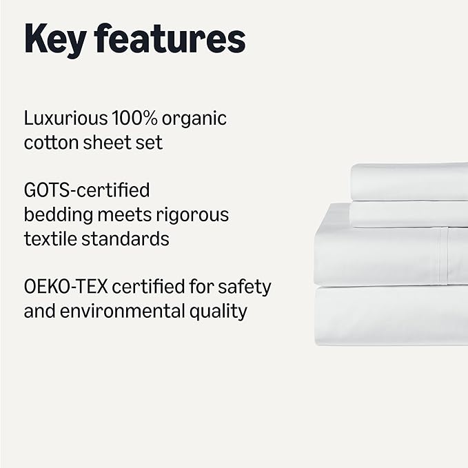 Amazon Basics Soft Organic Cotton Sheet Set with 2-Pieces Pillowcase, White, Queen