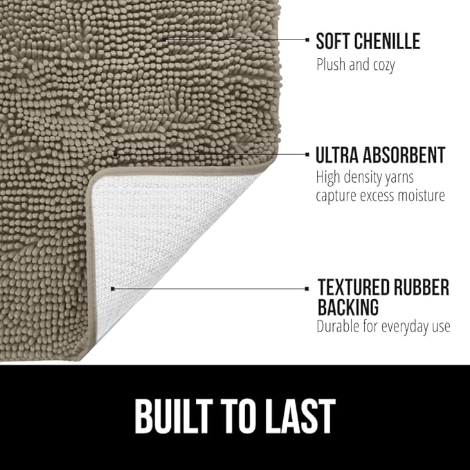 GORILLA GRIP Bath Rug Mat, Thick Soft Absorbent Chenille, Quick Dry Microfiber Mats, Rubber Backing Washable Shower Floor Rugs, Bathmat Runner, US Designed Bathroom Home Decor Accessories 24x17, Latte