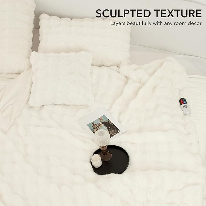 Faux Rabbit Fur Bubble Electric Blanket Full White - Fuzzy Soft Plush Heated Blanket Full Size with 6 Heating Levels & 10 Timer Settings, Home Decor Gifts for Women, ETL Certified, 72" x 84"