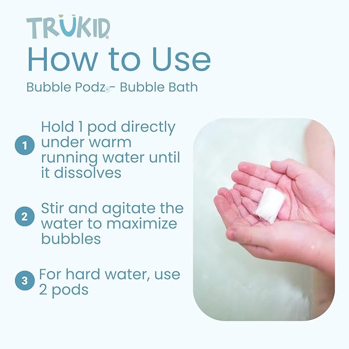 TruKid Bubble Podz Bubble Bath for Kids, Toddlers, & Babies, Tear Free Gentle & Refreshing Bath Bomb for Sensitive Skin with Natural Moisturizers, Non-Toxic, pH Balanced, Yumberry Scent (24 Podz)