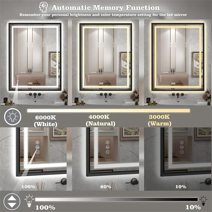 28"x 36" LED Bathroom Mirror with Black Frame, Stepless Dimmable, Anti-Fog, Shatter-Proof, Memory, 3 Colors, LED Vanity Mirror