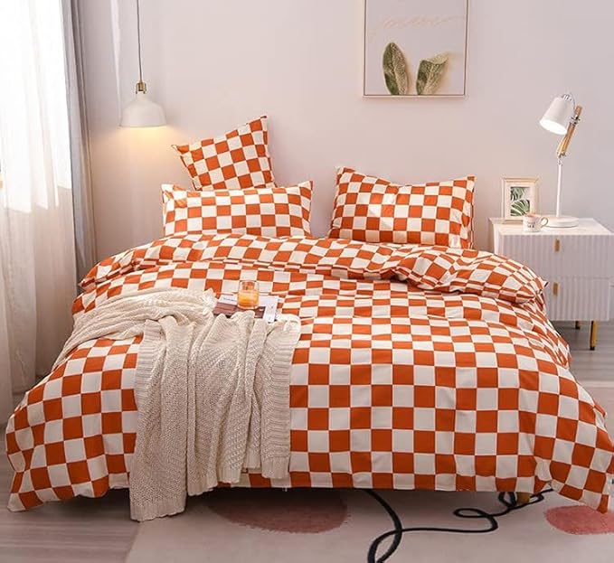 KAREVER Orange White Grid Comforter Set Full Burnt Orange Plaid Bedding Set Girls Reddish White Checkered Bed Blanket Set Kids Breathable Durable Bedding Comforter Set