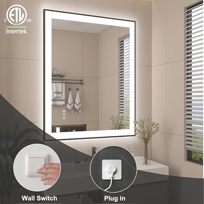 SMIROR 22 x 30 LED Lighted Bathroom Mirror for Wall, Matte Black Framed Vanity Mirrors, Front and Backlit, Dimmable, Anti-Fog, Memory, Shatterproof, ETL Listed (Horizontal/Vertical)