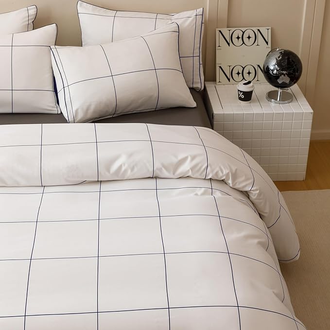 KAREVER White Grid Comforter King Women Navy Blue Square Lines Checkered Bedding Set White Plaid Comforter King Size