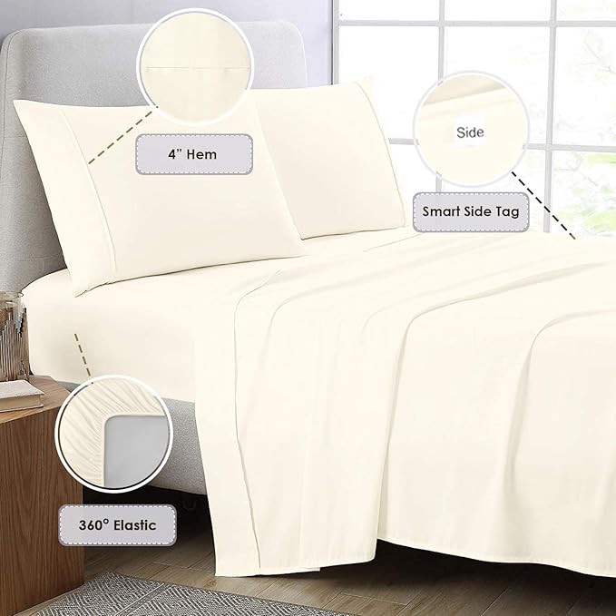 Pizuna Pure 100% Cotton Sheets - Full Size, 800 Thread Count Long Staple Cotton Crisp Sateen Sheets with 15in Deep Pocket (Ivory)