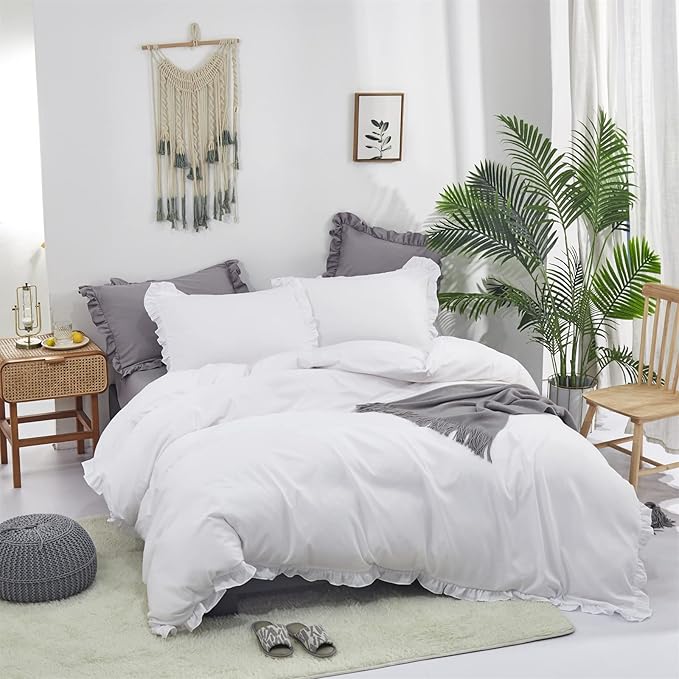 Cottonight White Comforter Set King White Ruffle Bedding Comforter Set Ruffles Farmhosue Boho White Blanket Quilts Rustic Soft Breathable Chic 3PCs Bedding Set for King Bed