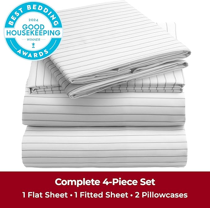 Mellanni California King Sheets Set - 4 PC Iconic Collection Bedding - Hotel Luxury, Extra Soft, Cooling Bed Sheets - Wrinkle, Fade, Stain Resistant (Cal King, Pin Stripe Gray)