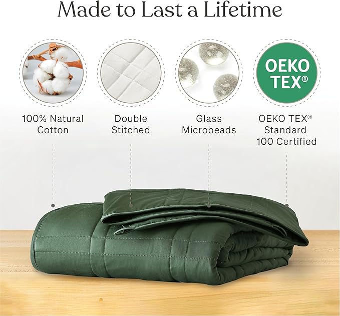 Baloo Weighted Blanket for Adults 12 lb Throw (Spruce Green, 42"x72") | Cool & 100% Cotton | Machine Washable & Dryer Safe | Glass Microbead Fill