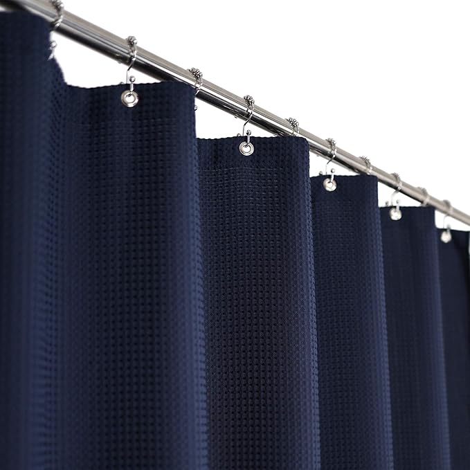 Barossa Design Waffle Weave Shower Curtain Hotel Luxury Spa, 230 GSM Heavy Duty Fabric, Water Repellent, Navy Blue, 71x72 Inch