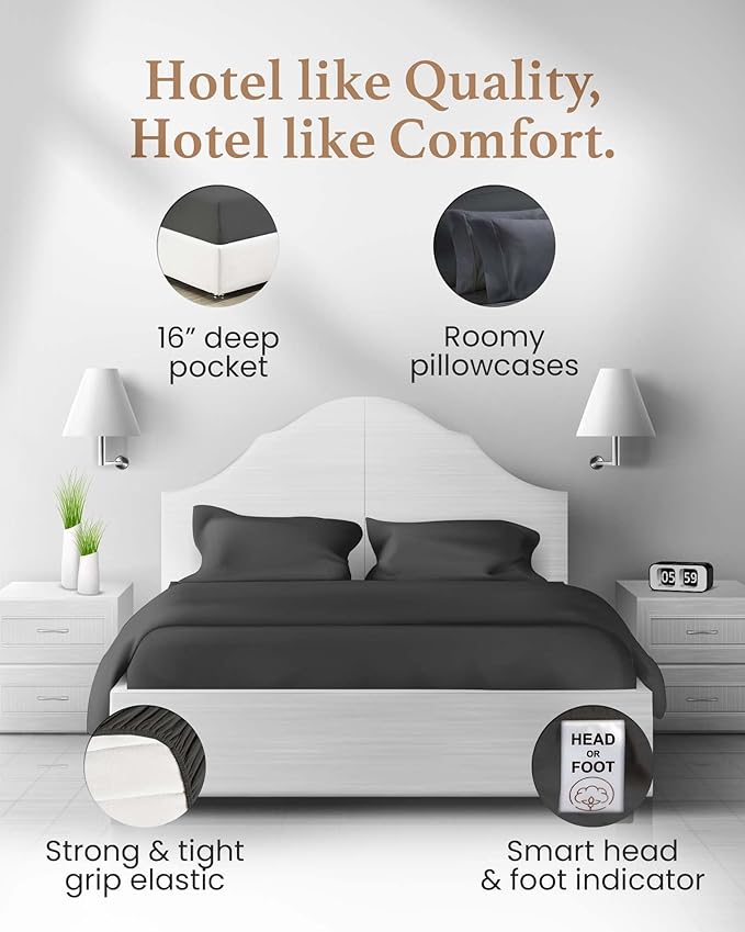 Good Sleep Bedding King Size Sheets Set Deep Pockets - 4 Pc, Egyptian Cotton, Fits Upto 16", King Size Bed Sheets Set - Dark Grey