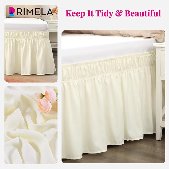RIMELA Cream Yellow Bed Skirt Twin Size 15 Inch Drop, Elastic Bed Skirting for Bed Base and Frame, Bedding Dust Ruffle Easy to Install, Lightweight Comforter Set with Wrap Around Adjustable Bedskirt