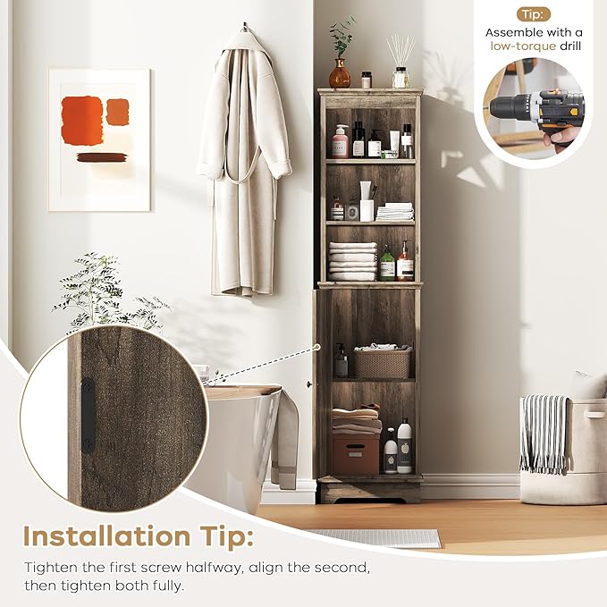 Tall Bathroom Storage Cabinet with Door and Open Adjustable Shelves, 60.9" H Wooden Tower Corner Narrow Farmhouse Cabinet, Freestanding Organizer for Kitchen, Entryway Grey