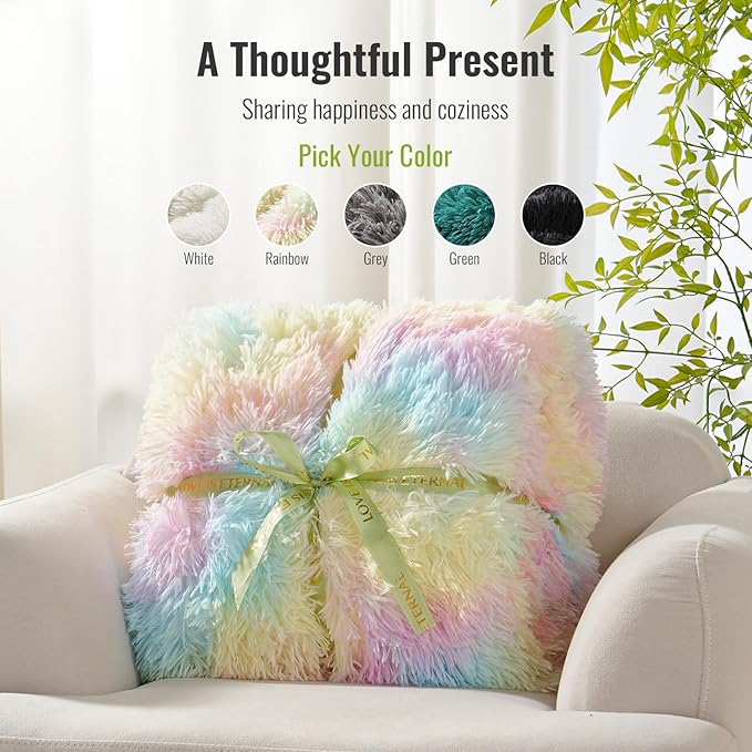 Uttermara Weighted Blanket Queen Size 20 lbs for Adults 60x80 inches, Long Shaggy Faux Fur and Cozy Warm Sherpa Reverse Weighted Blankets for Winter, Thick Heavy Blanket for Sofa Bed, Rainbow