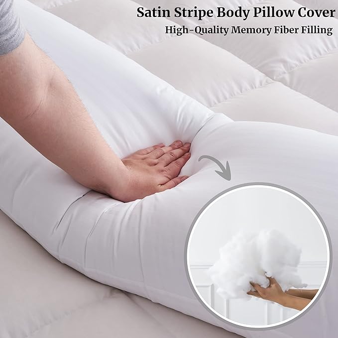 ELNIDO QUEEN Body Pillow for Adults - with White Stripe Cover, Full Body Pillow Insert for Side Sleeper, Long Bed Pillow for Sleeping(20 x 54 Inch)