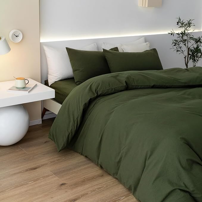JIYUAN 100% Washed Cotton Duvet Cover Set 3 Pieces Full, 1 Duvet Cover 80x90 Inches(Comforter Not Included) and 2 Pillowcases,Linen Feel Bedding Set Comfy and Breathable,Olive Green