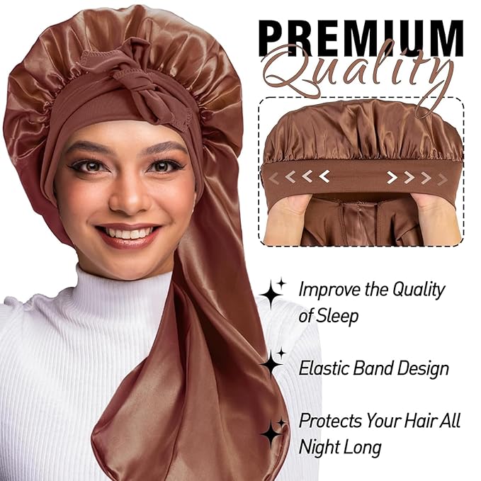 2Pcs Bonnets for Black Women Braid Bonnet, Large Long Satin Bonnet for Braids, Silk Bonnet with Stretchy Tie Band Sleep Cap Hair (2Pcs-Black&Brown)