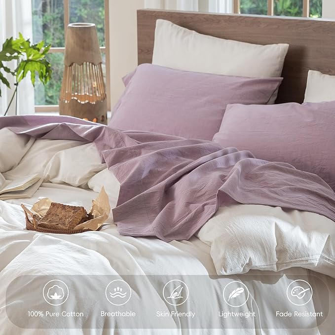 MooMee Bedding Sheet Set 100% Washed Cotton Linen Like Textured Breathable Durable Soft Comfy (Heathered Light Purple, Full)
