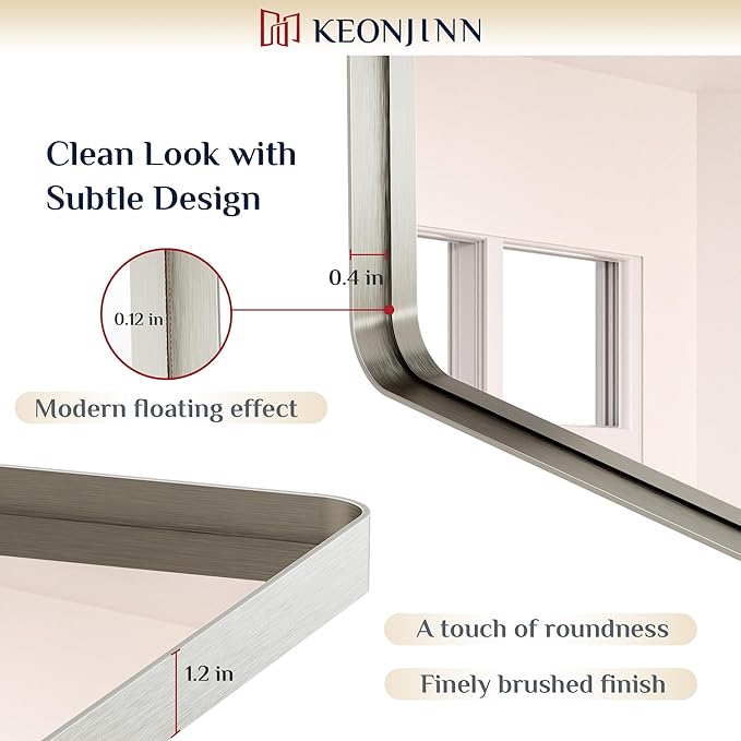 Keonjinn 24 x 30 Inch Brushed Nickel Bathroom Mirrors for Over Sink, Rounded Rectangle Silver Bathroom Vanity Mirror, Farmhouse Mirror for Wall, HD Tempered Glass, Anti-Rust Aluminum Alloy Mirror