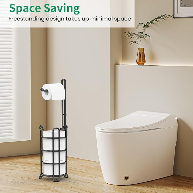 TomCare Toilet Paper Holder Toilet Paper Stand and Dispenser for 3 Spare Rolls Metal Wire Free-Standing Toilet Tissue Paper Roll Storage Shelf Bathroom Accessories Storage Organizer Black
