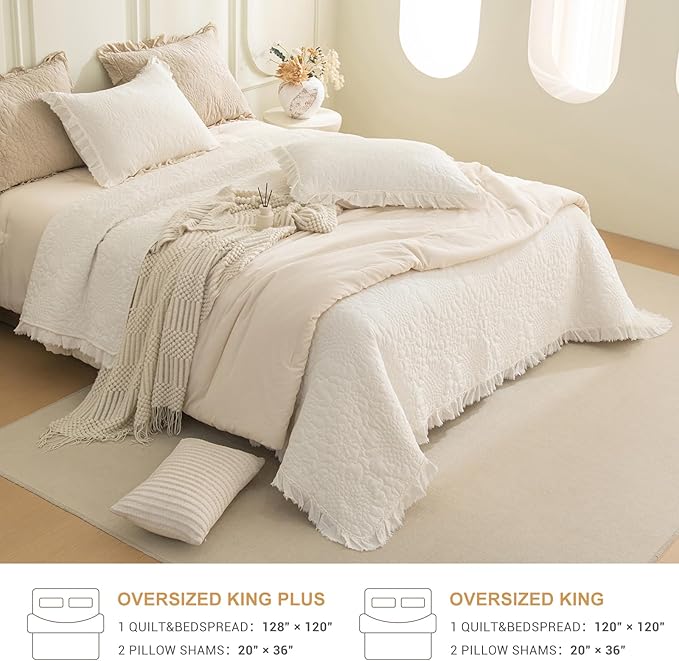 QSH 3PCs Milk White Oversized King Quilt Bedspread Set(120"x120"),Stonewashed Cotton Ruffled Quilt California King,Ultra Soft Lightweight Crinkled Shabby Bedspread Coverlet Bedding Set for All Seasons