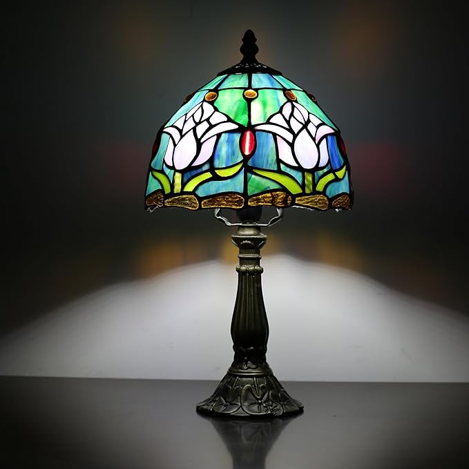 Tiffany Small Table Lamp for Bedroom Bedside Nightstand Table Lamps for Living Room 3 Way Color Temperatures Stained Glass Table Lamp 8X8X15 Inch Home Office Reading Desk Lamp (Pink Tulips)