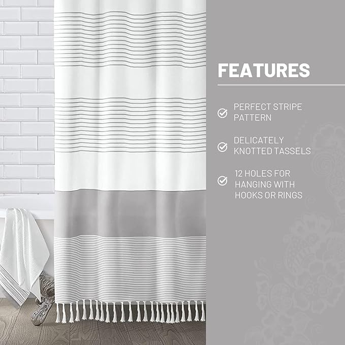 Awellife Boho Gray Shower Curtain for Bathroom Stripe Tassel Shower Curtain 72 X 72 Inches Farmhouse Cotton Grey