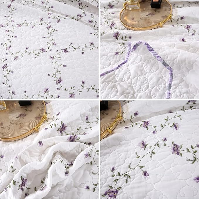 vctops 3-Piece Elegant Floral Embroidered Bedspread Coverlet Set Oversize Queen 100% Cotton Reversible Patchwork 1 Quilt and 2 Pillow Shams (Purple,Oversize Queen)