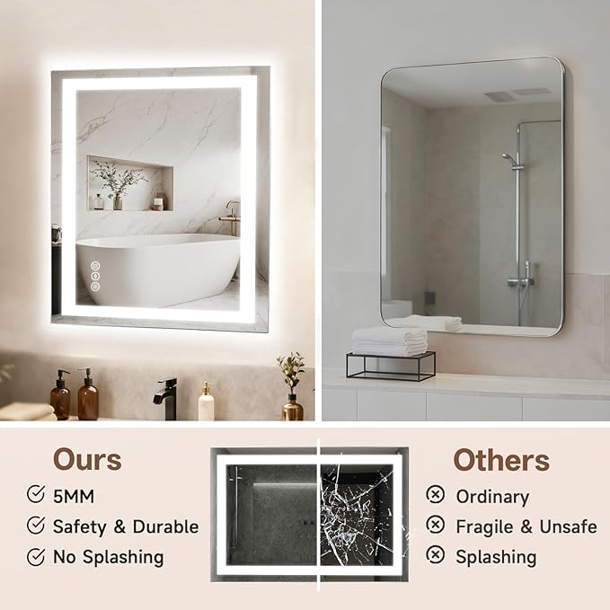 MISSDAY 28x32-inch LED Mirror - 3 Colors - Adjustable Brightness - Defogging - Smart Power-Off - Dual Orientation Mounting - Plug-in or Hardwired - Designed for Bathrooms and Vanity Areas