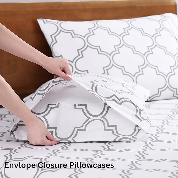 LANE LINEN 100% Organic Cotton Printed California King Sheets Set, 4-Piece Soft & Comfy Sustainably Produced Oeko-Tex Certified All Season Naturally Cooling Cal King Sheets - Trellis Silver