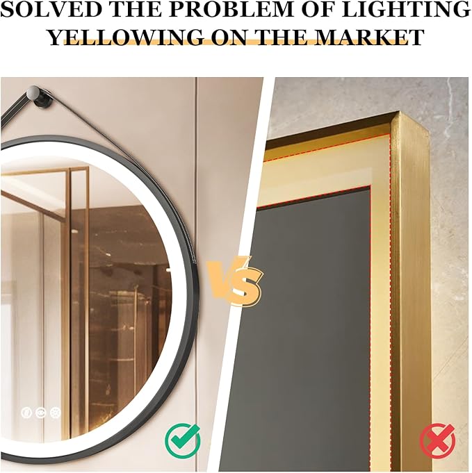 LUVODI Lighted LED Bathroom Mirror: 24” Round Wall Mounted Hanging Vanity Mirror with Front Light - Large Dimmable 3 Colors Makeup Mirror with Black Frame Sensor Touch Anti Fog for Bedroom Entryway