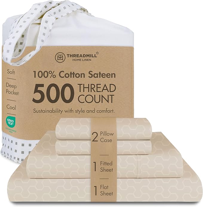 Threadmill Cotton Full Size Sheet Set | 500 Thread Count 100% Cotton Sheets for Full Size Bed | Damask Jacquard Full Bed Sheets Set 16” Deep Pocket | Soft Sateen 4-Piece Cooling Bedding Set | Beige