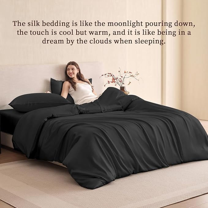 THXSILK 100% Pure Mulberry Silk Duvet Cover Set 3 Piece, 6A+ Grade Luxury Soft Bedding Silk Sheets for Hair and Skin, 1 Pcs Duvet/Quilt/Comforter Cover with 2 Zippered Pillowcases (Black, Queen)