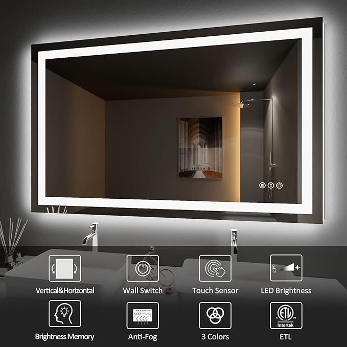 Amorho LED Bathroom Mirror 60" X32" with Front and Backlight, Stepless Dimmable Wall Mirrors with Anti-Fog, Shatter-Proof, Memory, 3 Colors, Double LED Vanity Mirror