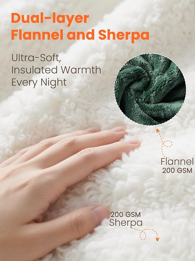 Electric Heated Blanket Queen, Ultra‑Cozy Premium Flannel & Sherpa, Even Heat Distribution & Stable Temp, 1–10H Auto‑Off, 8 Temps (86–125.6°F), Overheat Protection, Ideal Gifts for Grandma