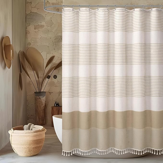 Awellife Boho Shower Curtains for Bathroom,Beige Linen Texture Shower Curtain with Striped Tassels 72x72 Inches Neutral