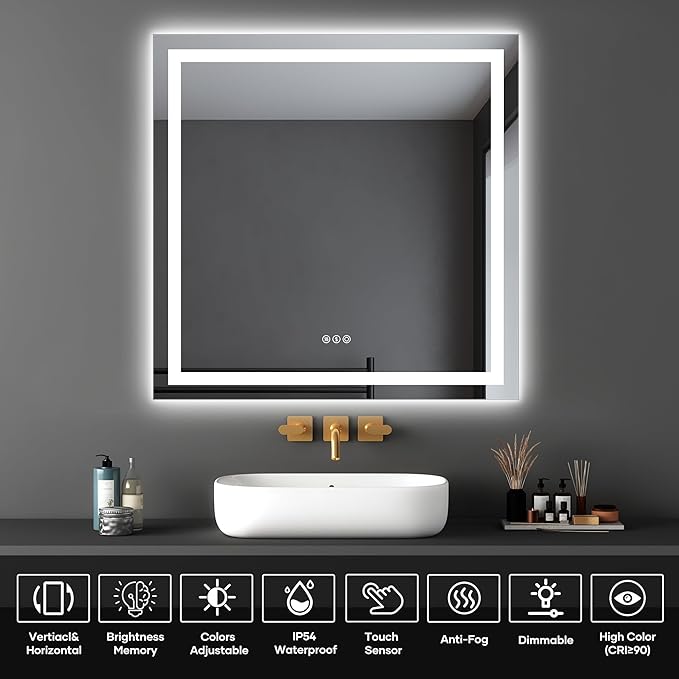 LED Bathroom Mirror with Lights, 36×36Inch Front and Backlit Led Mirror for Bathroom, 3 Colors Dimmable, Defogging, Memory Function, Shatterproof, Tempered Glass, Horizontal/Vertical, UL Listed