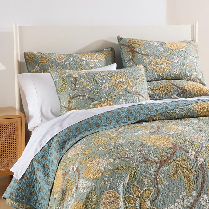 ENASAL Cotton Bedspread Quilt Sets Reversible Bedding Coverlet Sets Comforter, Vintage Floral Farmhouse Pastoral Turquoise Bedspread, Queen Size
