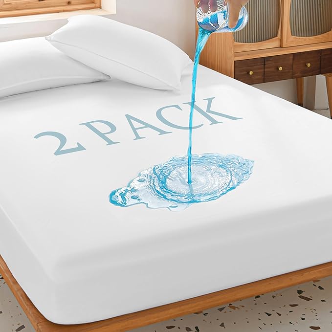 2 Pack King Waterproof Mattress Protector Deep Pocket Mattress Cover, Soft Breathable Mattress Pad, Fitted Noiseless Waterproof Bed Cover Stretch to 25"