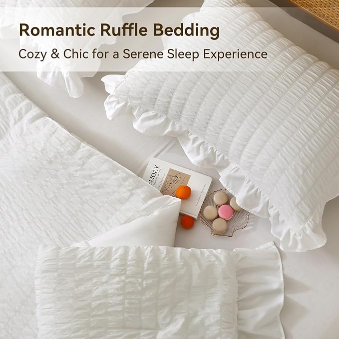 JOLLYVOGUE White Twin Size Comforter Set, 2 Pieces Seersucker Lightweight Fluffy Bedding Set, Twin Ruffle Comforter, All Season Soft Microfiber Shabby Chic Bed Set