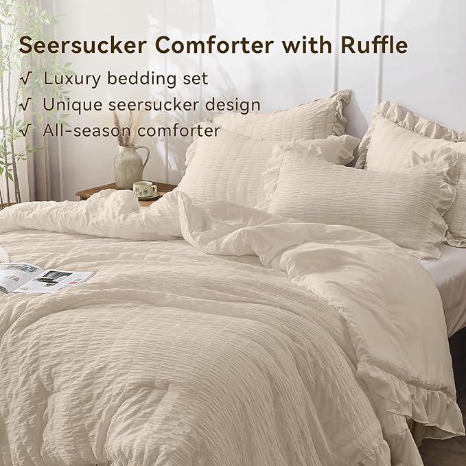 JOLLYVOGUE Beige King Comforter Set, 3 Pieces Seersucker Comforters King Size, Lightweight & Fluffy Bedding Sets for All Season with 1 Ruffle Comforter and 2 Ruffle Pillowshams