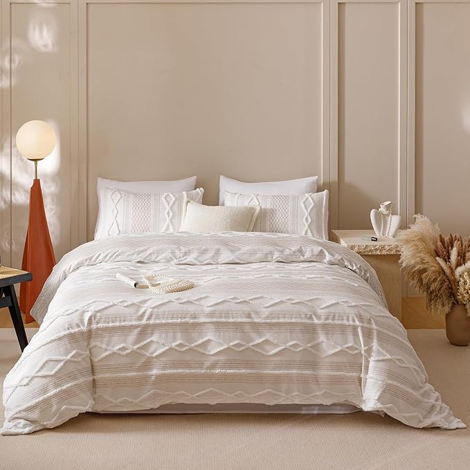 KAREVER Ivory Boho Comforter Set Cal King Mixed Textures Jacquard Bedding Set Durable Chic and Stylish Bedroom Set