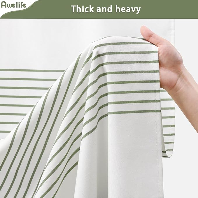 Awellife Boho Sage Green Shower Curtain for Bathroom Stripe Tassel Shower Curtain 72 X 72 Inches Farmhouse Cotton