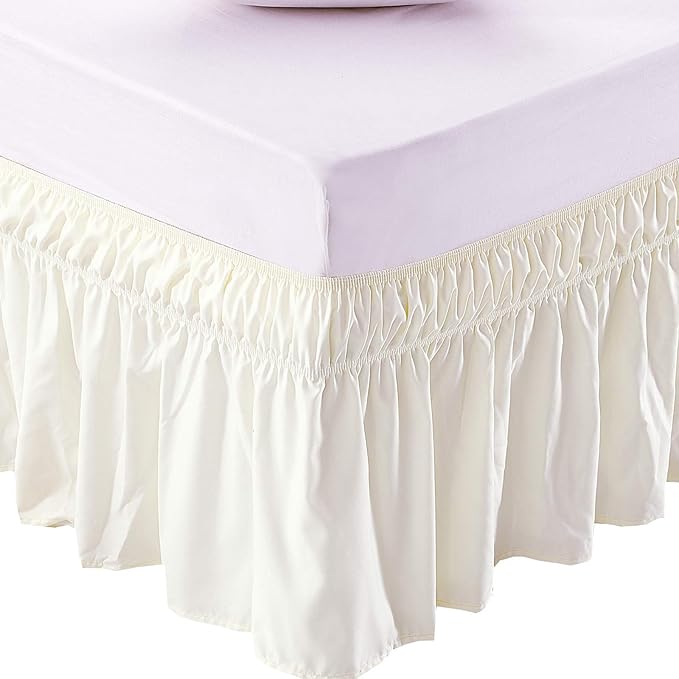 MEILA Wrap Around Bed Skirt Three Fabric Sides Elastic Dust Ruffled 24 Inch Tailored Drop,Easy to Install Fade Resistant-Ivory, Queen/King